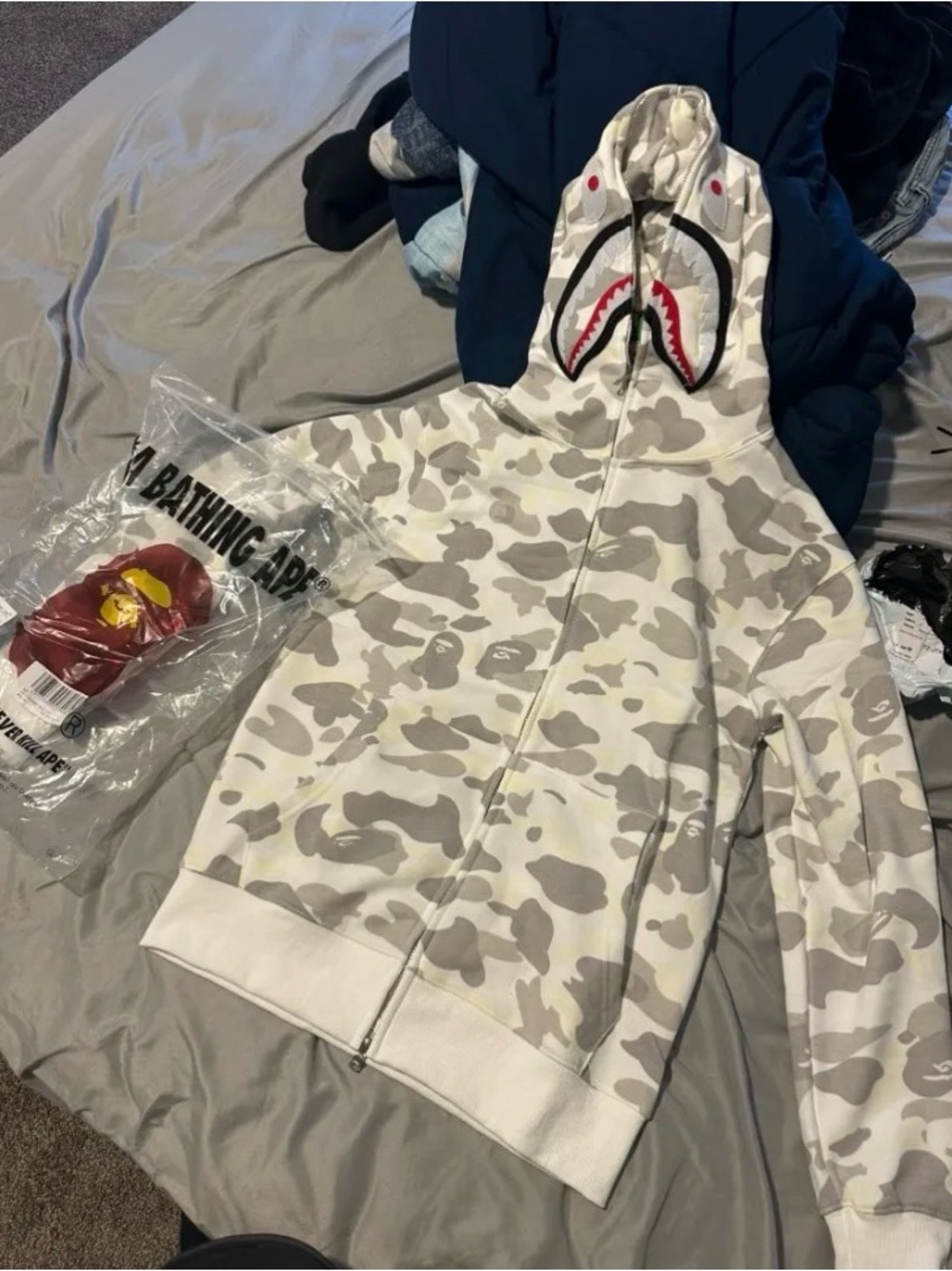 Bape Shark Zip Hoodie - White & Light Gray Camo